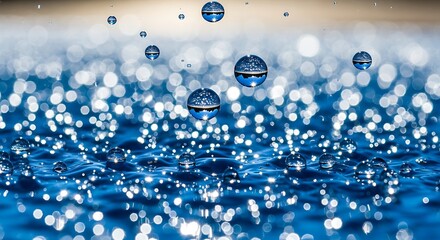 Water droplets shimmer on a blue surface with sparkling bokeh lights.