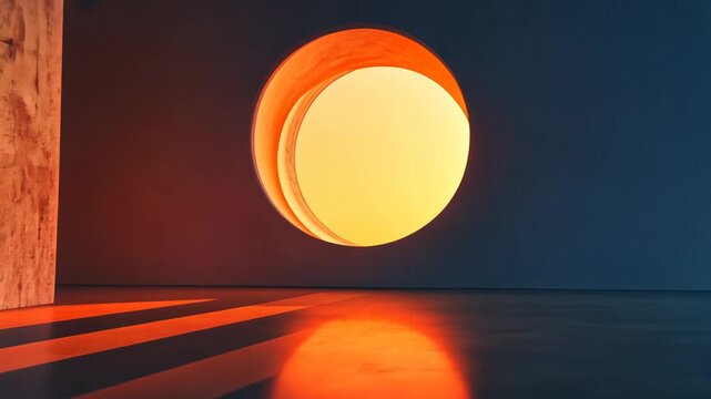 Warm sunlight passes through circular window illuminating empty room with concrete walls