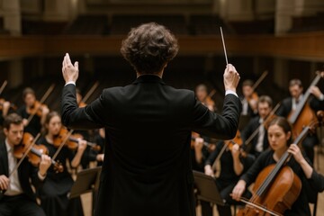Fototapeta premium Symphony Orchestra Conductor Directing Musicians During Performance in Concert Hall, Classical Music, Arts and Entertainment