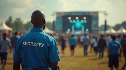 Security guard surveilling a large crowd at an outdoor music festival 