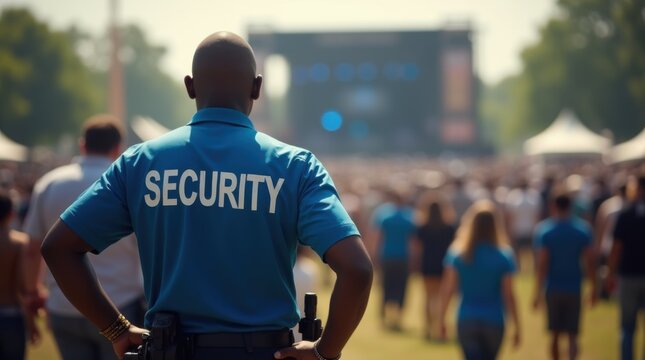 Security guard surveilling a large crowd at an outdoor music festival 