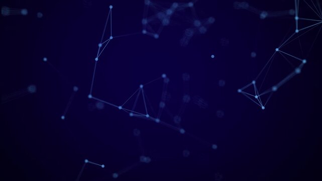 Futuristic animation of a digital plexus network with glowing blue particles and interconnected lines. This seamless loop represents artificial intelligence, neural networks, big data transfer, and gl