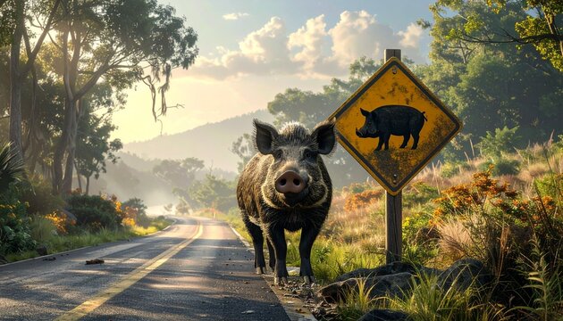 Road sign warns of wild hogs on a scenic sunlit road through a lush mountain landscape