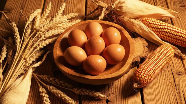 Rustic still life of essential foods: eggs, golden wheat, and dried corn cobs on a dark wooden background.