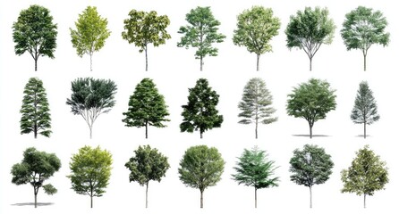 Collection of diverse trees isolated against a white background, showcasing varied foliage