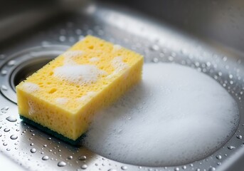 Sponge with soap suds in a clean kitchen sink.