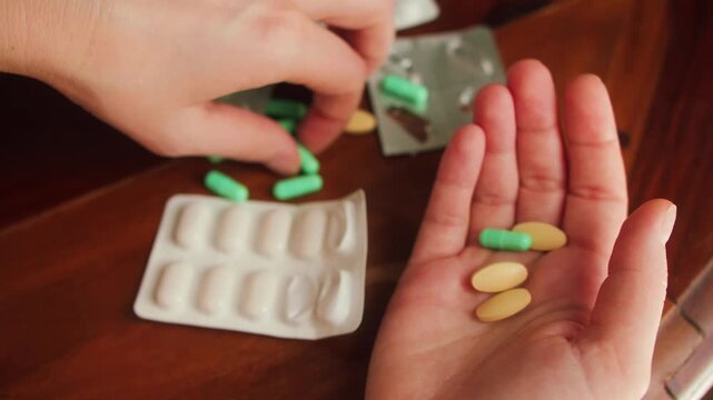 A desperate person spills a large amount of pills into his palm, concept of pill overdose. High quality 4k footage