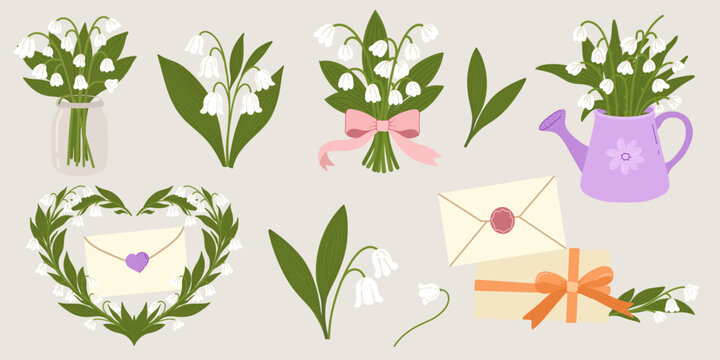 Lily of the valley spring set with bouquets, wreath, teapot vase and envelope with ribbon, soft spring vector style on light background. For invites, cards and stationery.