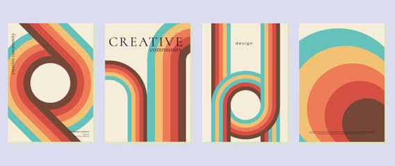 Abstract retro rainbow shapes vector wall art set with warm orange, red and teal geometric curves. Modern decorative print collection for posters, gallery walls and interior decor. © TWINS DESIGN STUDIO