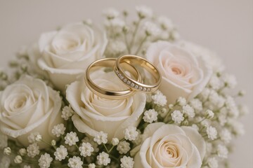 Elegant Wedding Rings Resting on a Bouquet of Delicate White Roses and Gypsophila Flowers