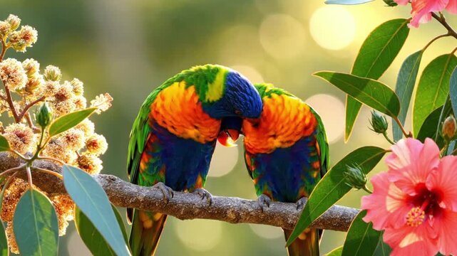 Two colorful lorikeets sit on a branch among flowers in a bright natural setting