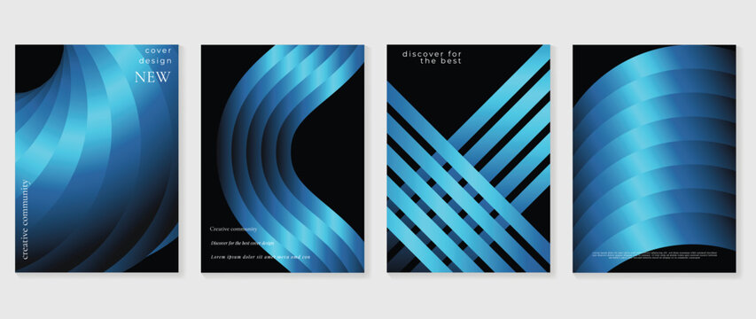 Blue gradient abstract curves vector wall art set with layered lines and dark navy background. Modern minimal poster collection for office, living room and gallery decor.