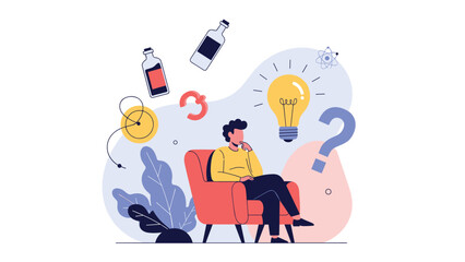 Pensive man sits in an armchair and thinks deeply while surrounded by various icons representing science, ideas, and questions.