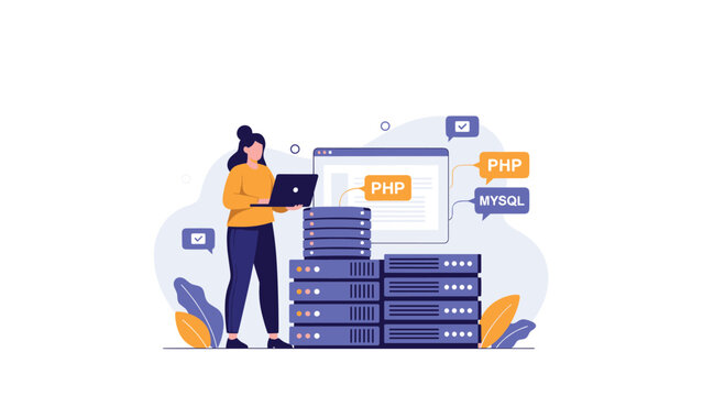 Female web developer works on a laptop next to high-performance servers with coding language bubbles for PHP and database icons.
