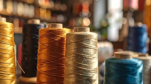 Close-up shot of colorful spools of thread, perfect for sewing and crafting projects, with a blurred background.