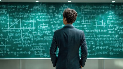 Man in suit contemplates complex equations on a chalkboard, deep in thought and innovation