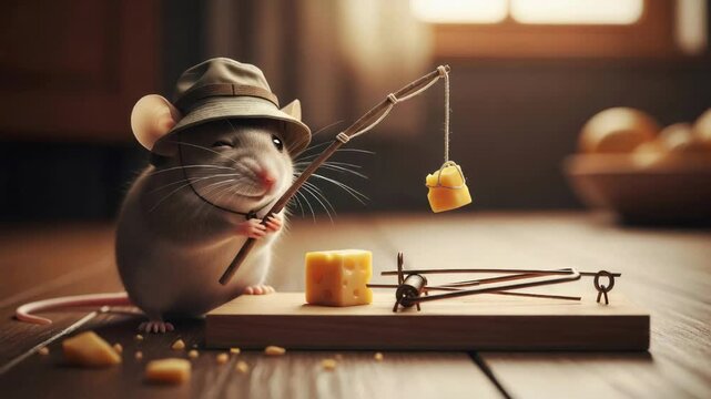 A mouse wearing a hat attempting to lure cheese off a mousetrap with a fishing pole. Pest control and rodent trap concept animation.