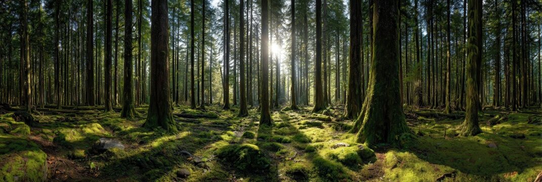 Vibrant photo of Panoramic view of a sunlit mossy forest with tall pine tree and morning light
