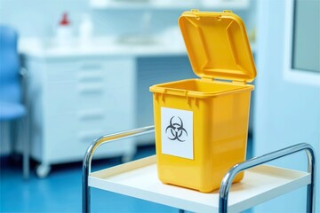 Yellow biohazard waste container on medical cart. Hospital safety disposal