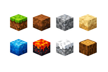Obraz premium Set of pixelated isometric cube blocks showing grass, dirt, stone, sand, water, magma, snow, and wood textures on a white background