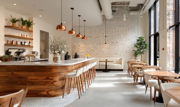 Vibrant photo of Modern cafe interior with a wooden bar, white brick wall, and pendant lighting.