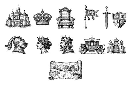 Hand-drawn medieval heraldic collection featuring castle, crown, throne, banner, sword, shield, armor helmet, royal profiles, carriage, cathedral, and map