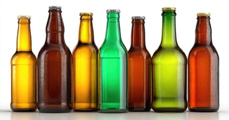 Diverse row of colored glass bottles, filled with varying amber and green liquids