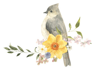 Watercolor spring yellow flower bouquet with titmouse bird. Hand drawn illustration for Mother's Day, Easter © Lidiia Chupryna