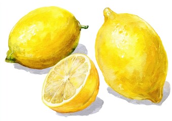 Watercolor painting of three vibrant yellow lemons, one sliced in half