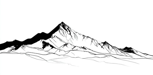 A monochrome illustration features mountain silhouettes against a white backdrop, with shading detail