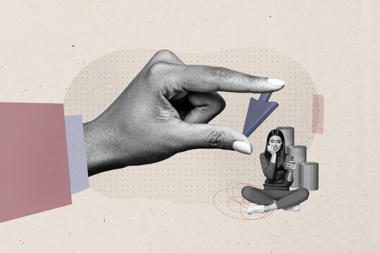 Composite artwork collage sketch of huge hand hold arrow young lady stress sit hold phone pile coins finance investor inflation crisis