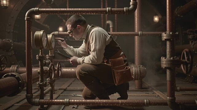 Man in steampunk gear inspects copper pipes and gauges in a dark tunnel. Evokes a mood of industrial mystery and retro technology. Great for sci-fi and fantasy concepts.
