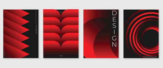 Red geometric abstract layers vector wall art set with bold curved shapes and dark contrast background. Modern graphic poster collection for gallery and interior decor. © TWINS DESIGN STUDIO