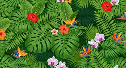 Tropical Jungle Seamless Pattern: Lush Green Foliage Background with Exotic Monstera, Palm Leaves, Hibiscus, Bird of Paradise, and Orchid Flowers.