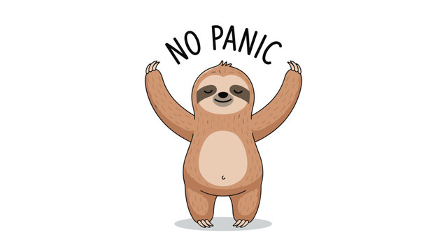Cute brown sloth standing with its arms raised and a calm expression below the text saying no panic in black letters.