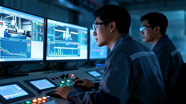 Close focus on control room workers analyzing realtime SCADA data from multiple screens to optimize industrial milling operations showcasing modern automation technology in low
