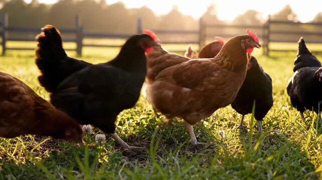 Chickens foraging in the grass at sunset on a farm in a rural area with a peaceful atmosphere