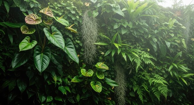 Lush tropical vertical garden wall featuring Anthurium flowers, ferns, and dense green foliage in a humid, misty rainforest environment.