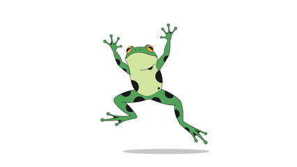 Fototapeta premium Little green tree frog with black spots in mid-air during a high jump with a shadow beneath on white background.