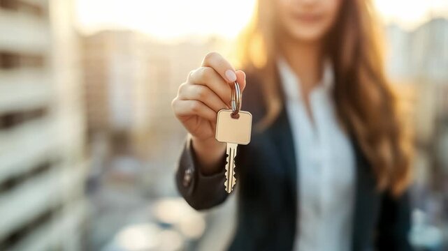 Woman in formal wear holding silver house key in front of city buildings. Concept of urban real estate ownership and apartment rental