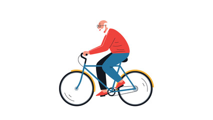 Obraz premium Active elderly man with a white beard and glasses riding a blue bicycle wearing a red sweater and blue pants for exercise.