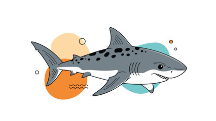 Obraz premium Tiger shark swimming through the water with dark spots on its back and colorful bubbles and shapes in the background.
