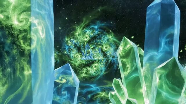 Colorful crystals in a swirling green and blue pattern with interesting shapes and textures