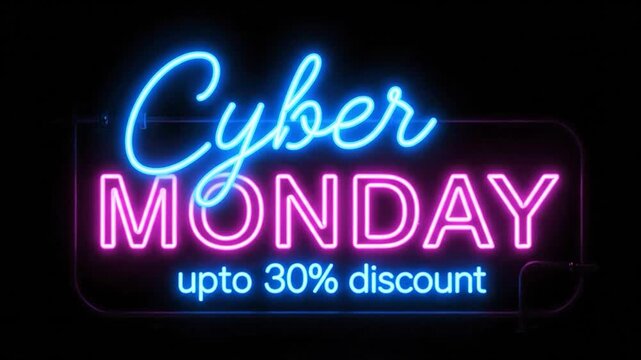 Neon sign promoting a Cyber Monday sale with a 30% discount on a dark background