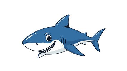 Obraz premium Friendly cartoon shark with a large toothy smile swimming through the ocean in a bright blue and white color palette.