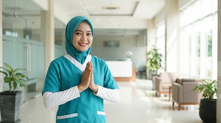 Obraz premium Smiling Muslim Nurse in Teal Hijab Welcoming with Traditional Gesture