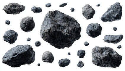 Naklejka premium Diverse collection of gray, textured rocks scattered on a bright white background
