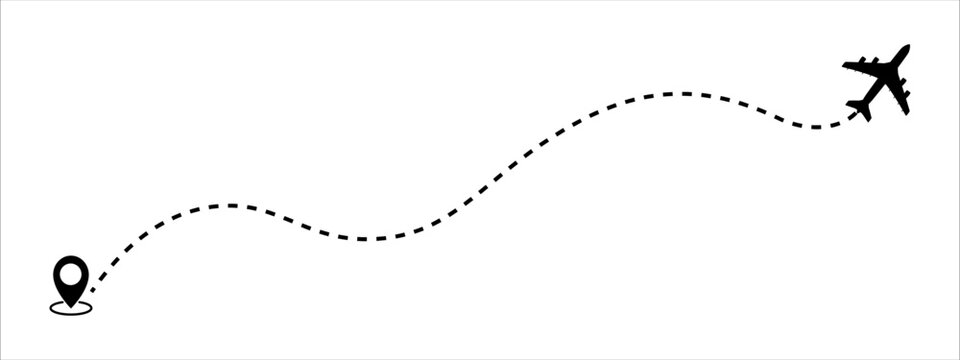 Airplane flight route with dotted line and plane silhouette vector illustration. Flat vector airplane icon with dotted line starting point and arrival destination.