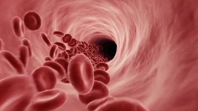 Red blood cells move through a human blood vessel in a detailed animation showing their flow and function in the body