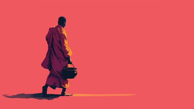 Monk in saffron robes walks alone with alms bowl against a solid red background